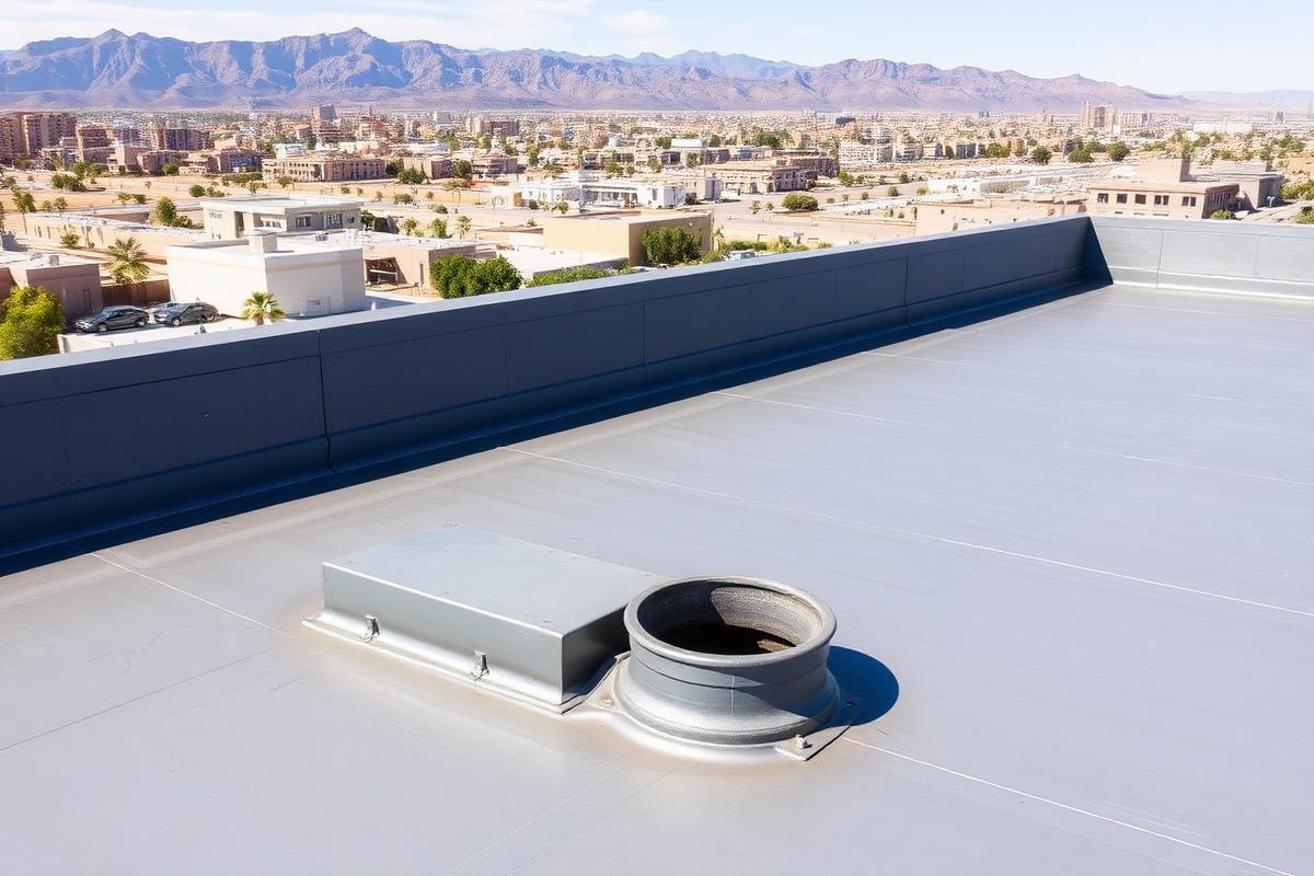 Flat low-slope membrane roof with a drain and rooftop equipment curb