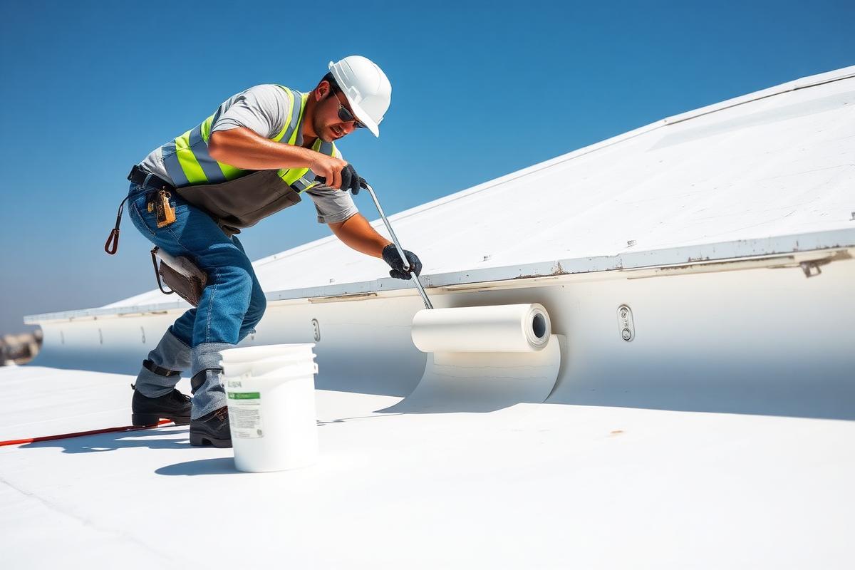 Worker rolling a white elastomeric topcoat onto an existing foam roof