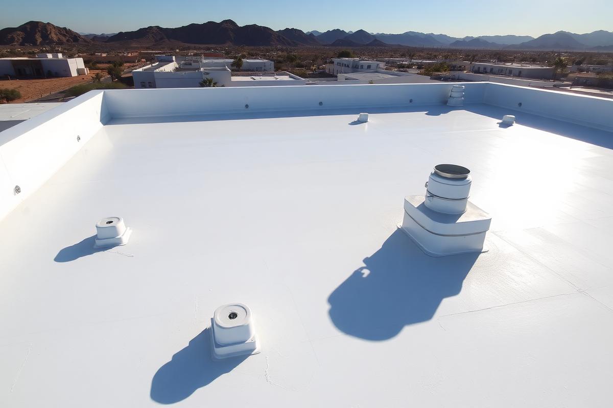 White spray polyurethane foam roof on a low-slope Arizona building