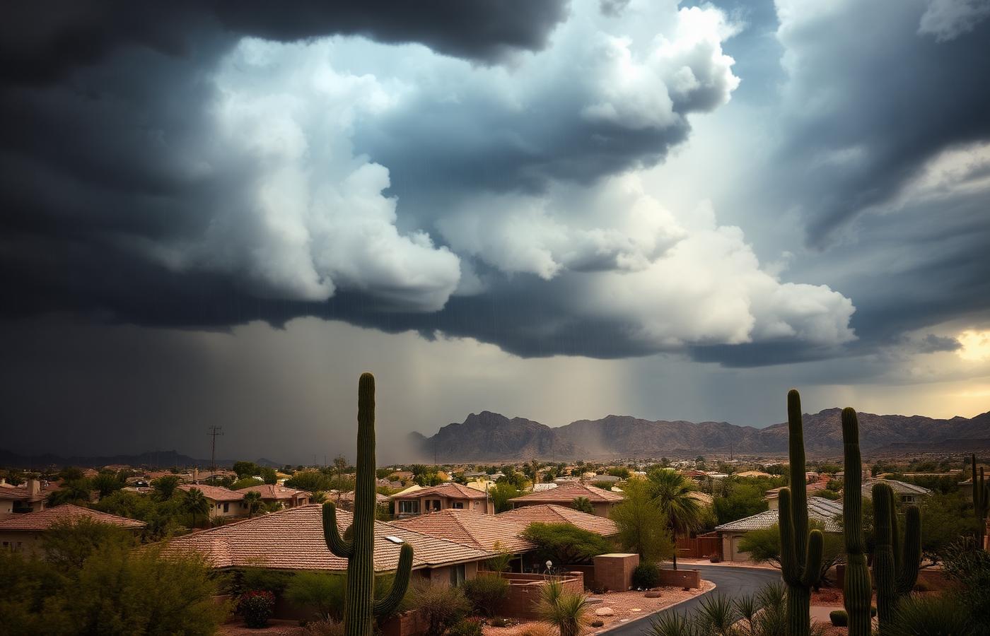 Arizona monsoon storm with dust and dark clouds moving over a desert neighborhood