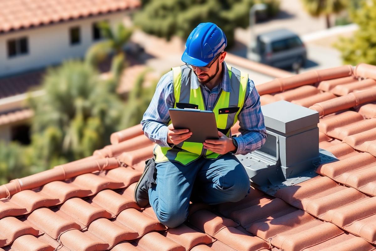Roof inspector reviewing flashing details on a residential tile roof