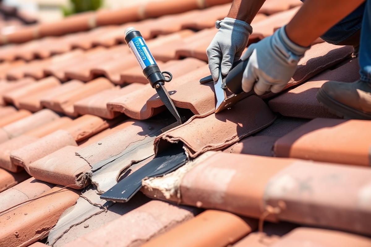 Roofer repairing damaged flashing and a cracked roof tile on an Arizona home