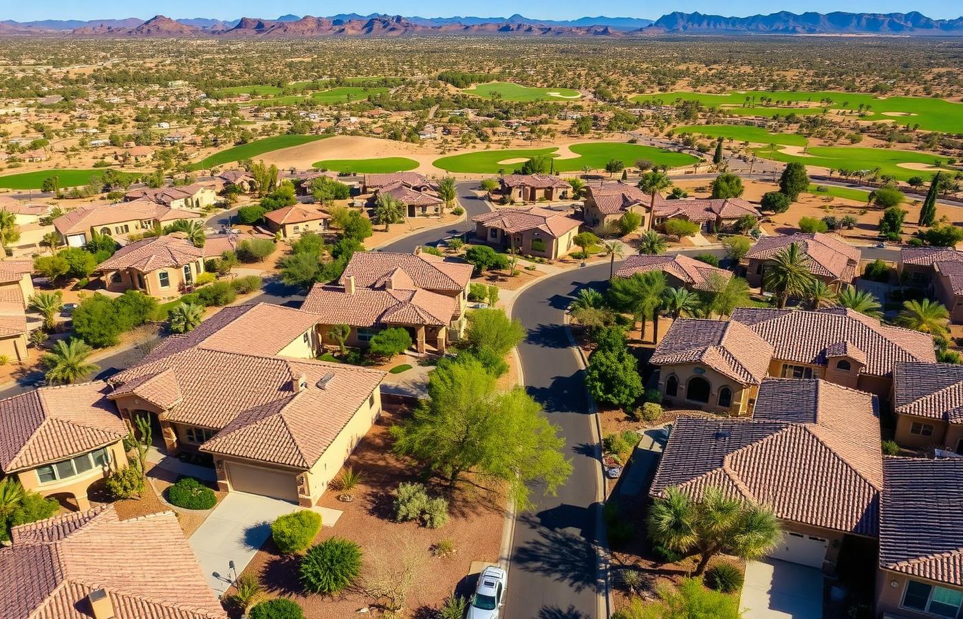 Aerial view of a Scottsdale, Arizona neighborhood with tile roof homes and desert landscaping