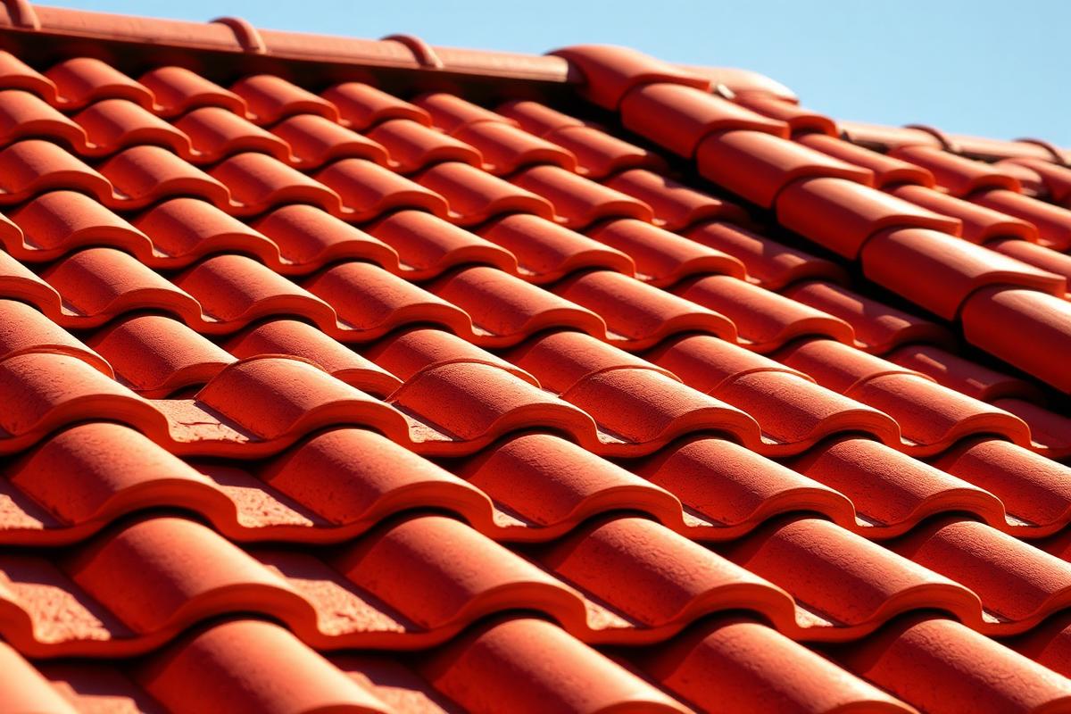 Close view of a clay barrel tile roof in bright Arizona sunlight