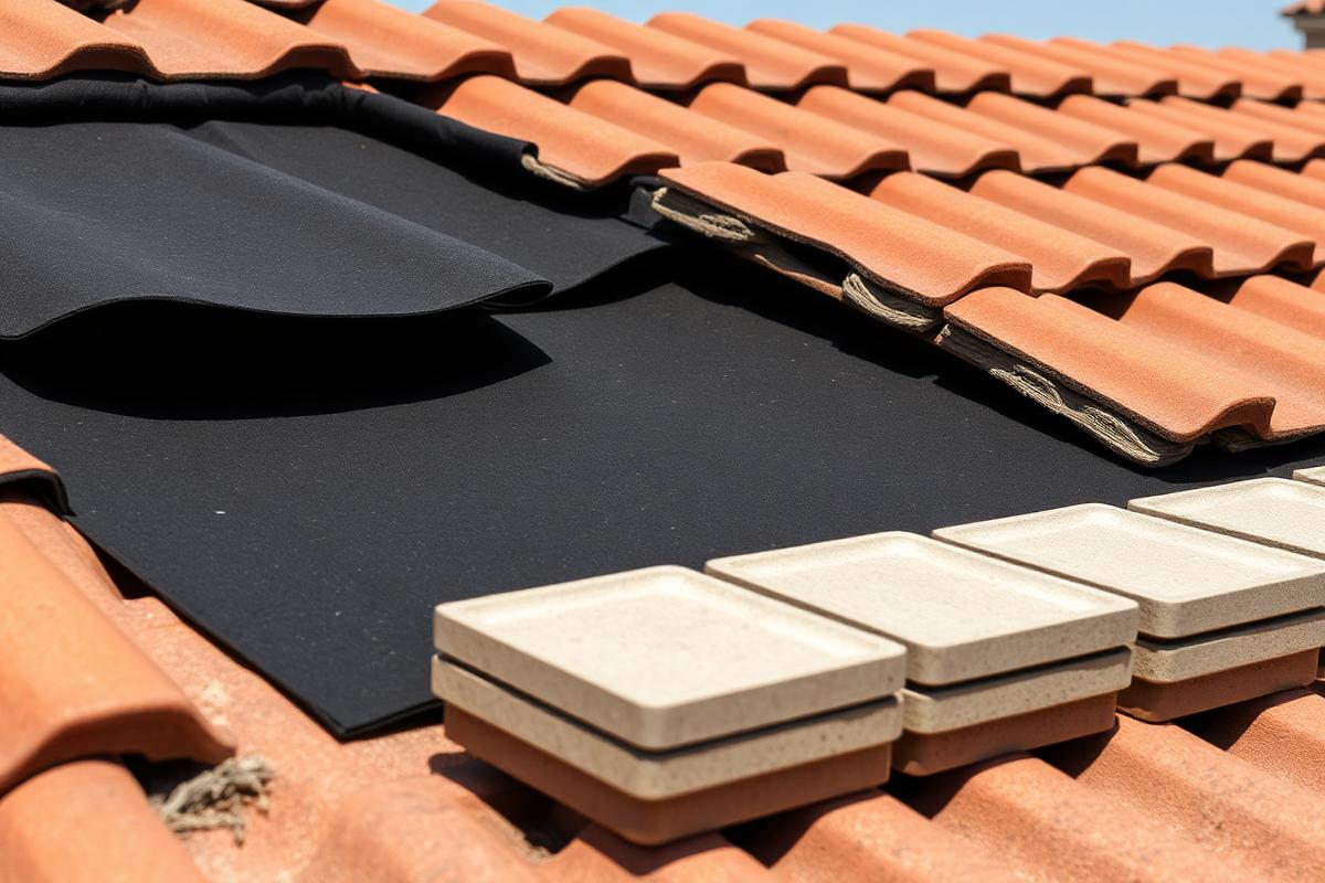 Tile roof with tiles lifted to expose the black underlayment beneath